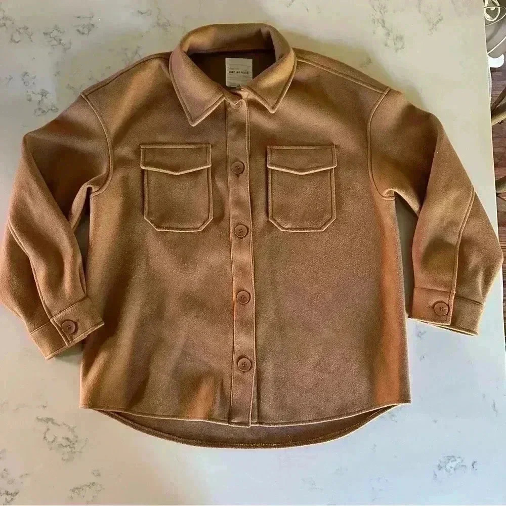 Avec Les Filles Long Sleeve Beige Shirt Jacket Shacket Flannel Size L-B21